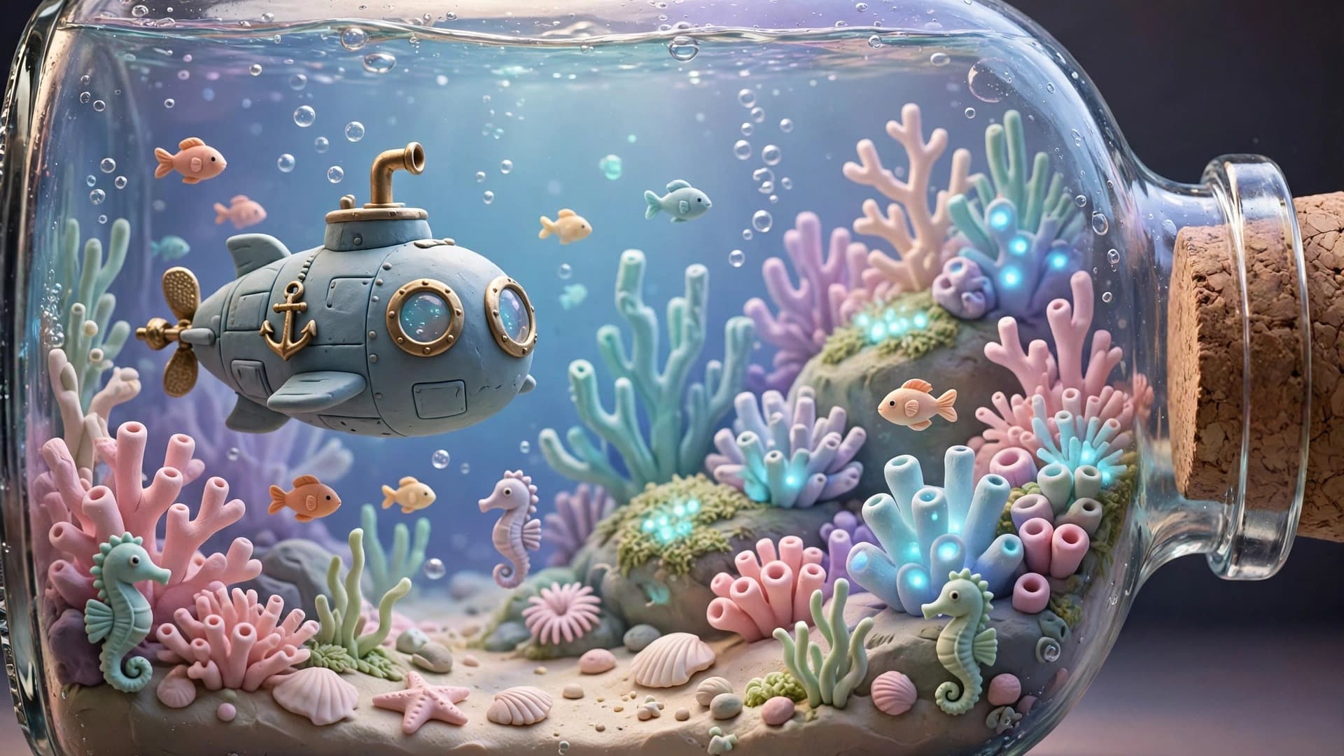 Miniature Clay Submarine Exploring a Coral Reef in a Glass Bottle — Free 3D Image — free ai image preview