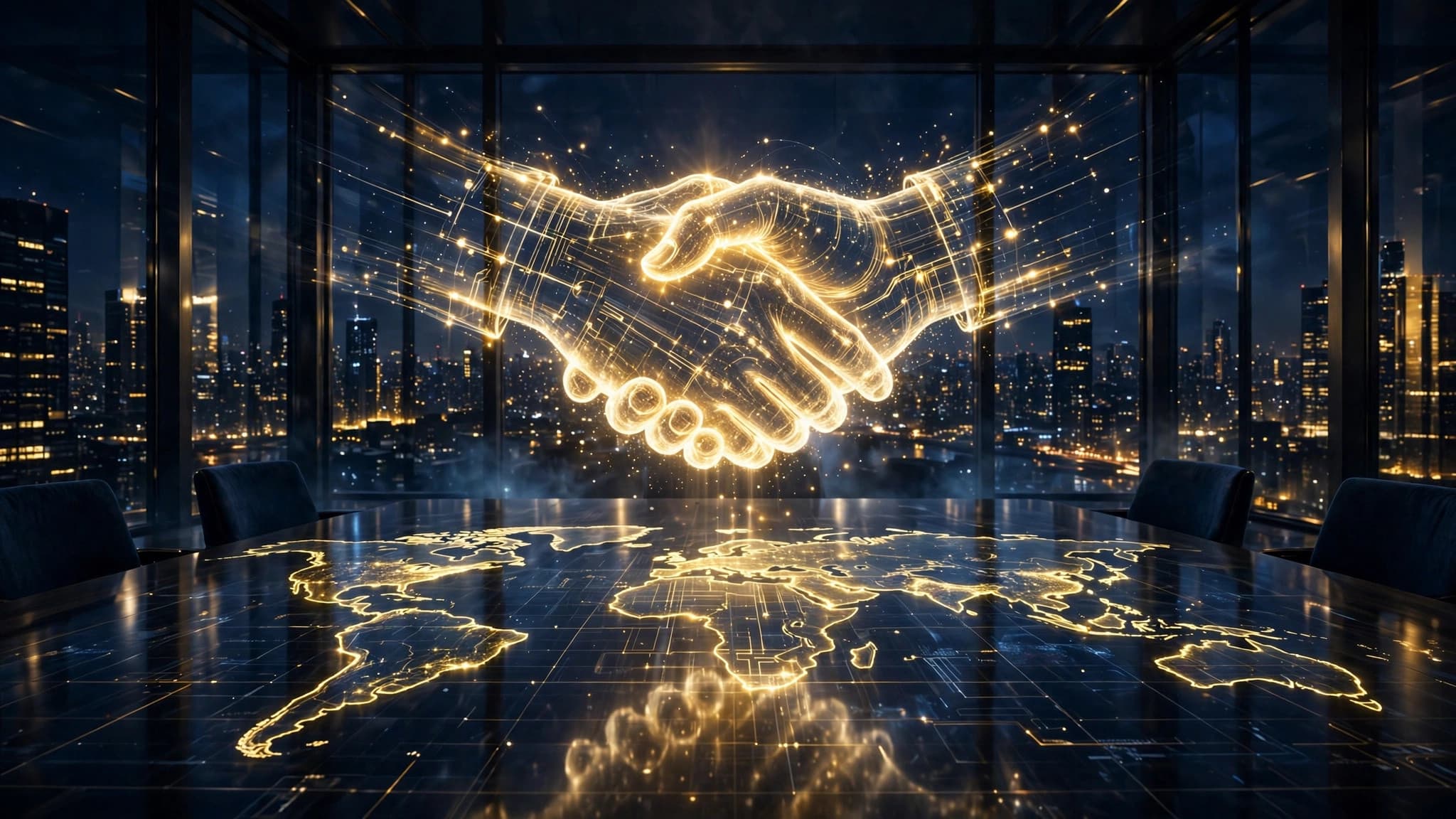 Golden Hologram Handshake Over a World Map Boardroom — Free Business Image — free ai image preview