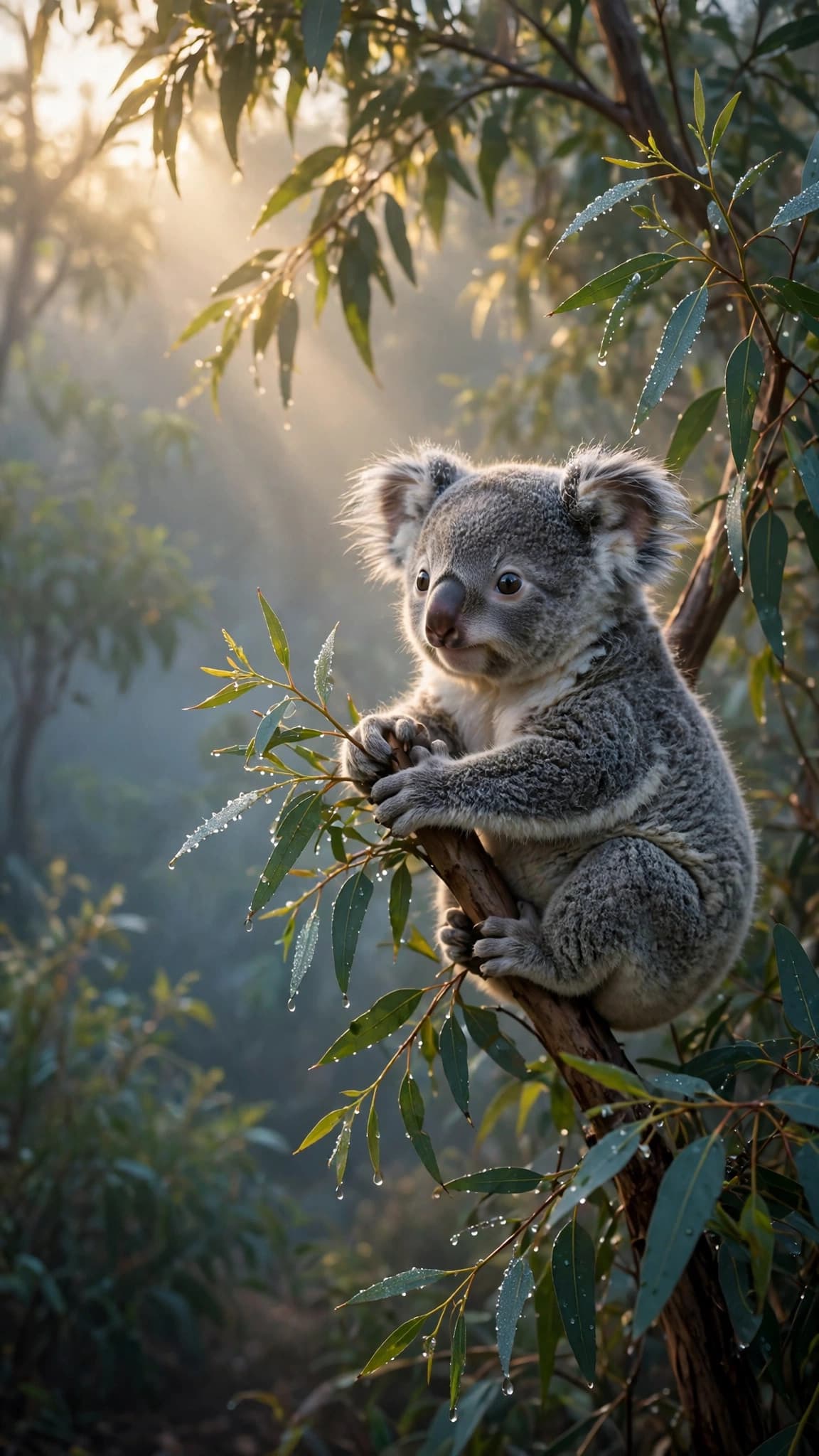 Baby Koala on a Eucalyptus Branch at Dawn — Cute Animal Phone Wallpaper — free wallpaper preview