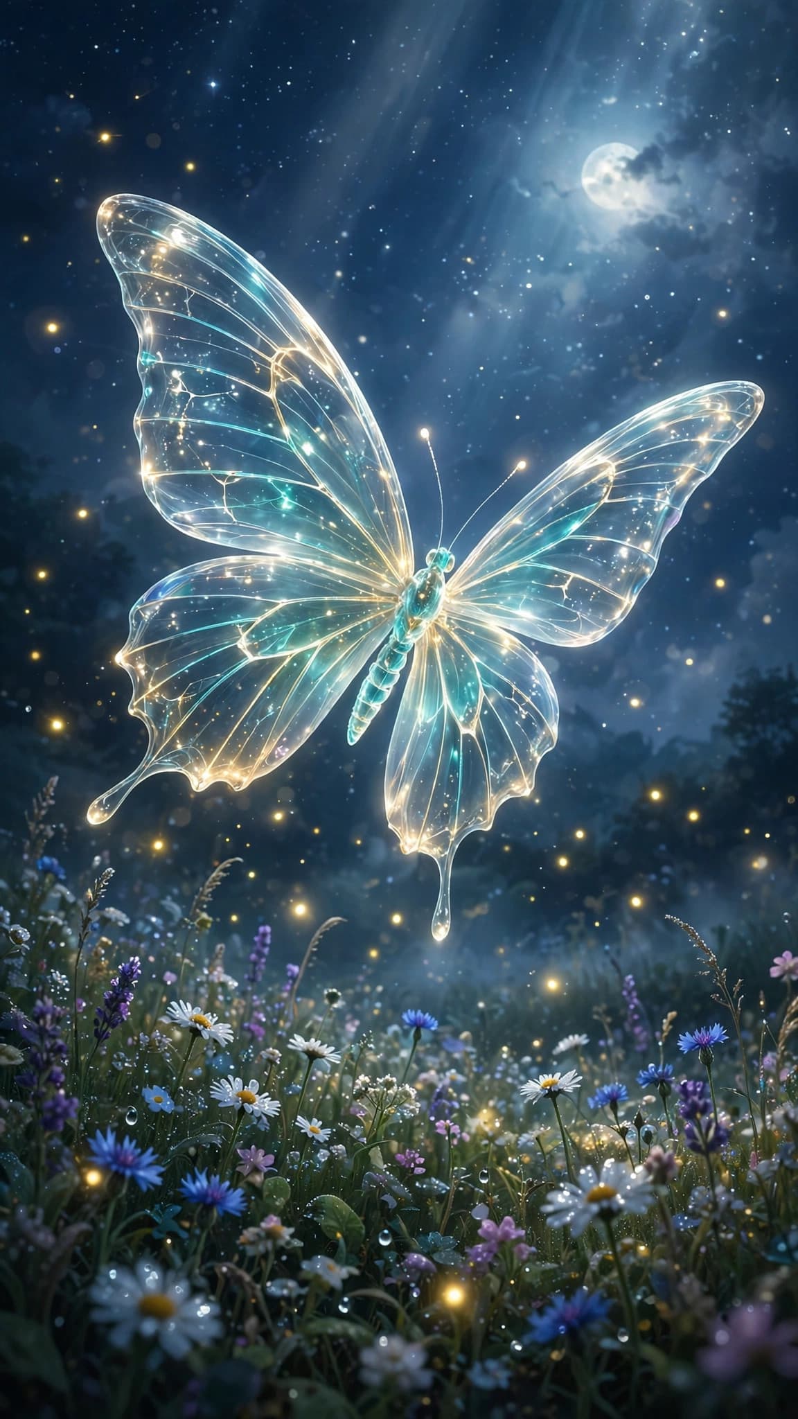 Glass Butterfly Over a Moonlit Wildflower Meadow — Fantasy Phone Wallpaper — free wallpaper preview
