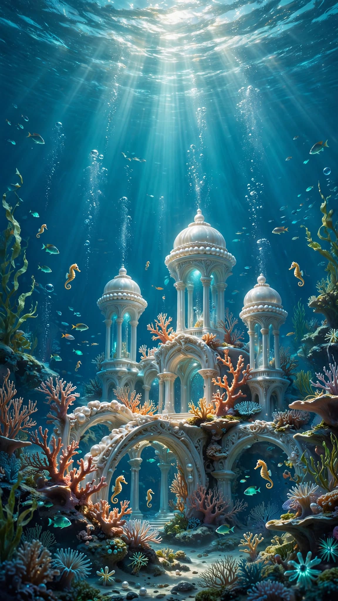 Glowing Underwater Palace with Seahorses — Fantasy Ocean Phone Wallpaper — free wallpaper preview