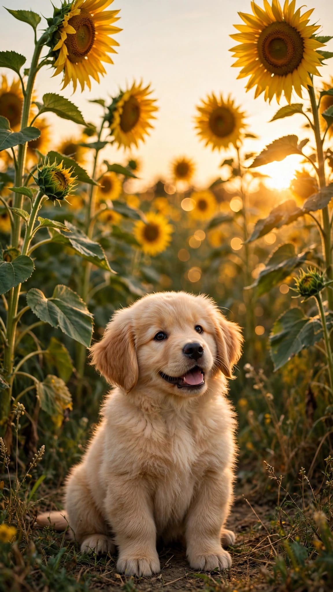 Golden Retriever Puppy in a Sunflower Field at Golden Hour — Cute Phone Wallpaper — free wallpaper preview