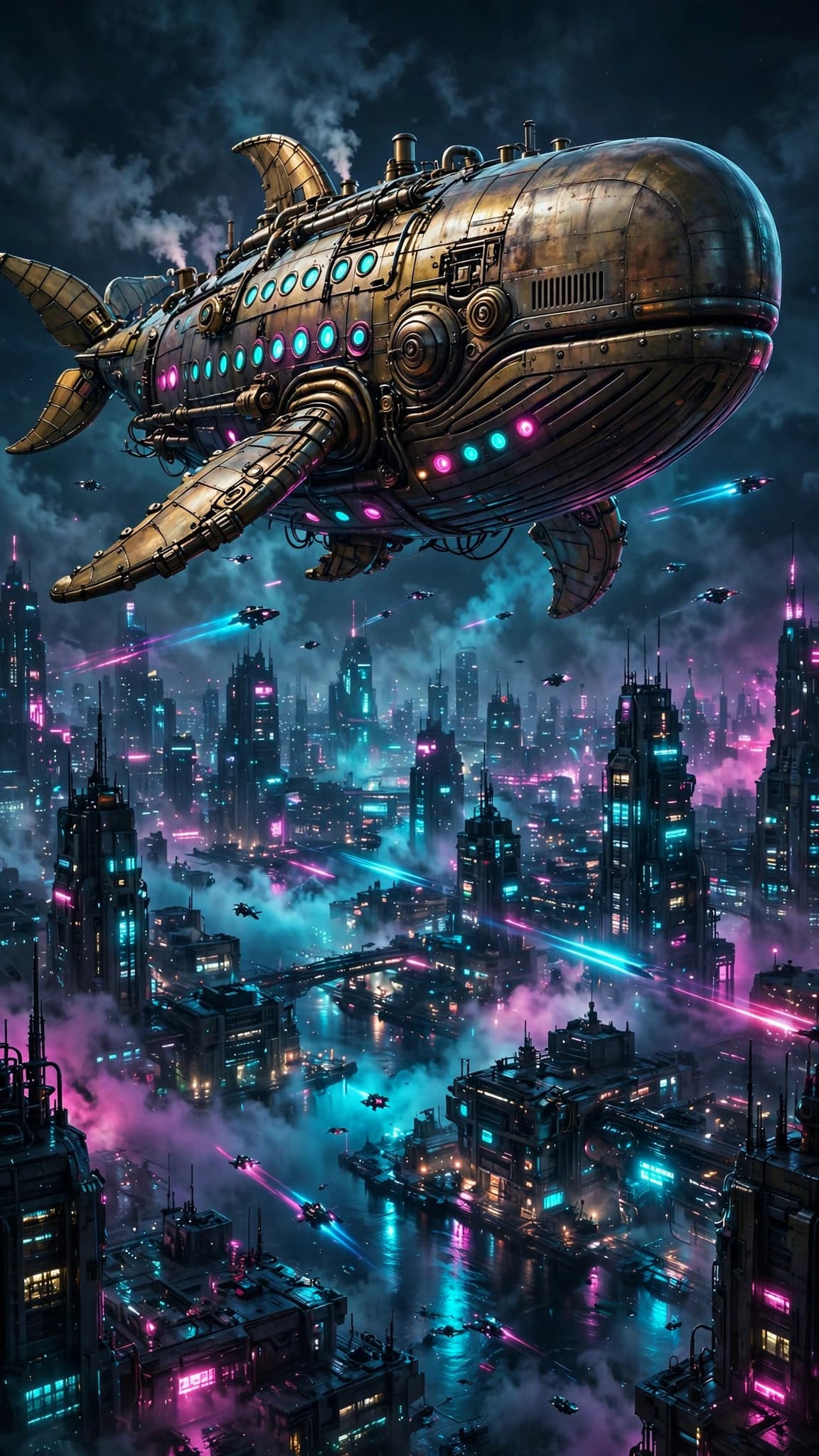 Mechanical Whale Airship Over a Neon City — Cyberpunk Phone Wallpaper — free wallpaper preview