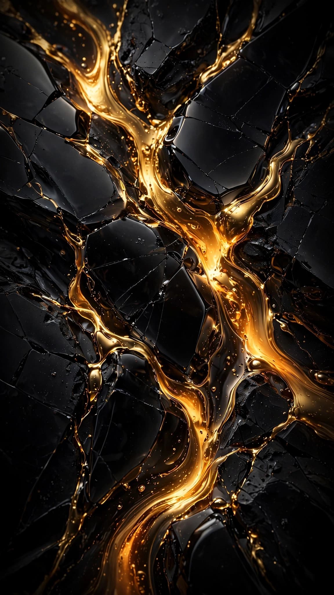 Molten Gold Veins on Black Volcanic Glass — AMOLED Phone Wallpaper