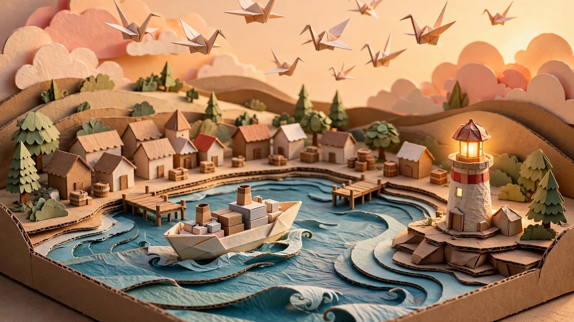 Paper-Craft Harbor Diorama at Golden Hour — free ai image preview