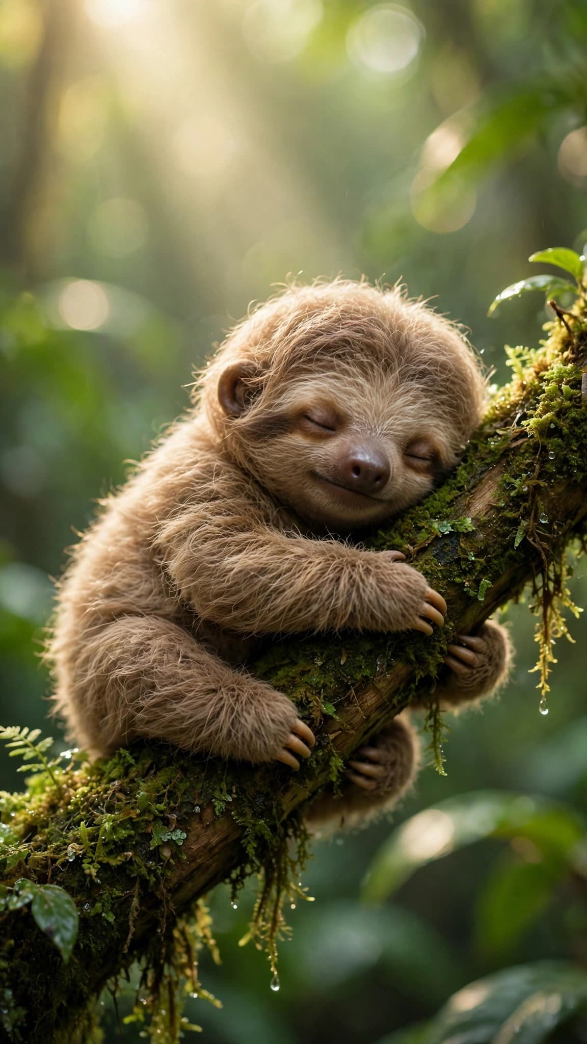 Sleepy Baby Sloth in Sunlit Rainforest — Cute Phone Wallpaper