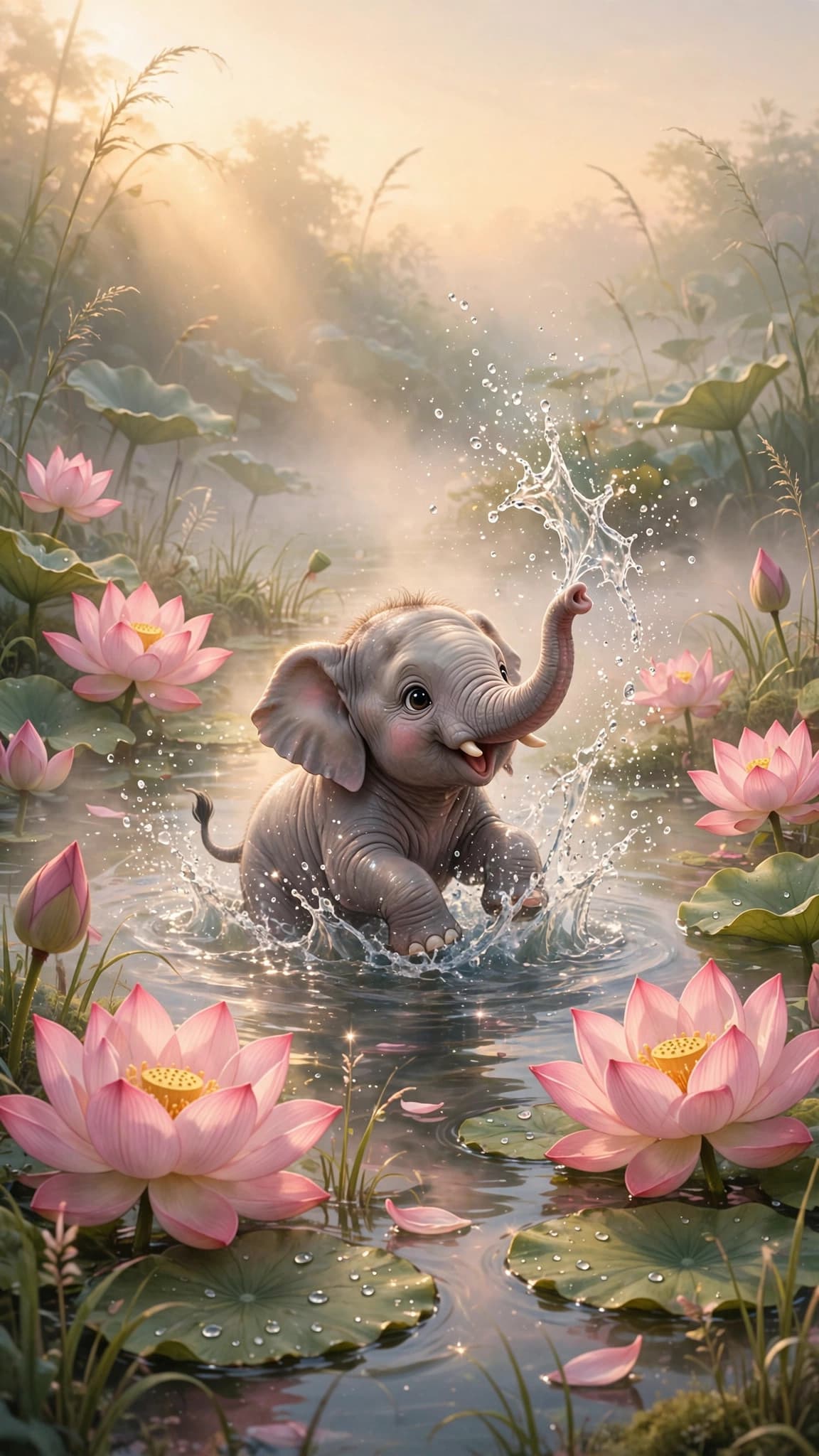 Baby Elephant Splashing in a Lotus Pond — Cute Phone Wallpaper — free wallpaper preview