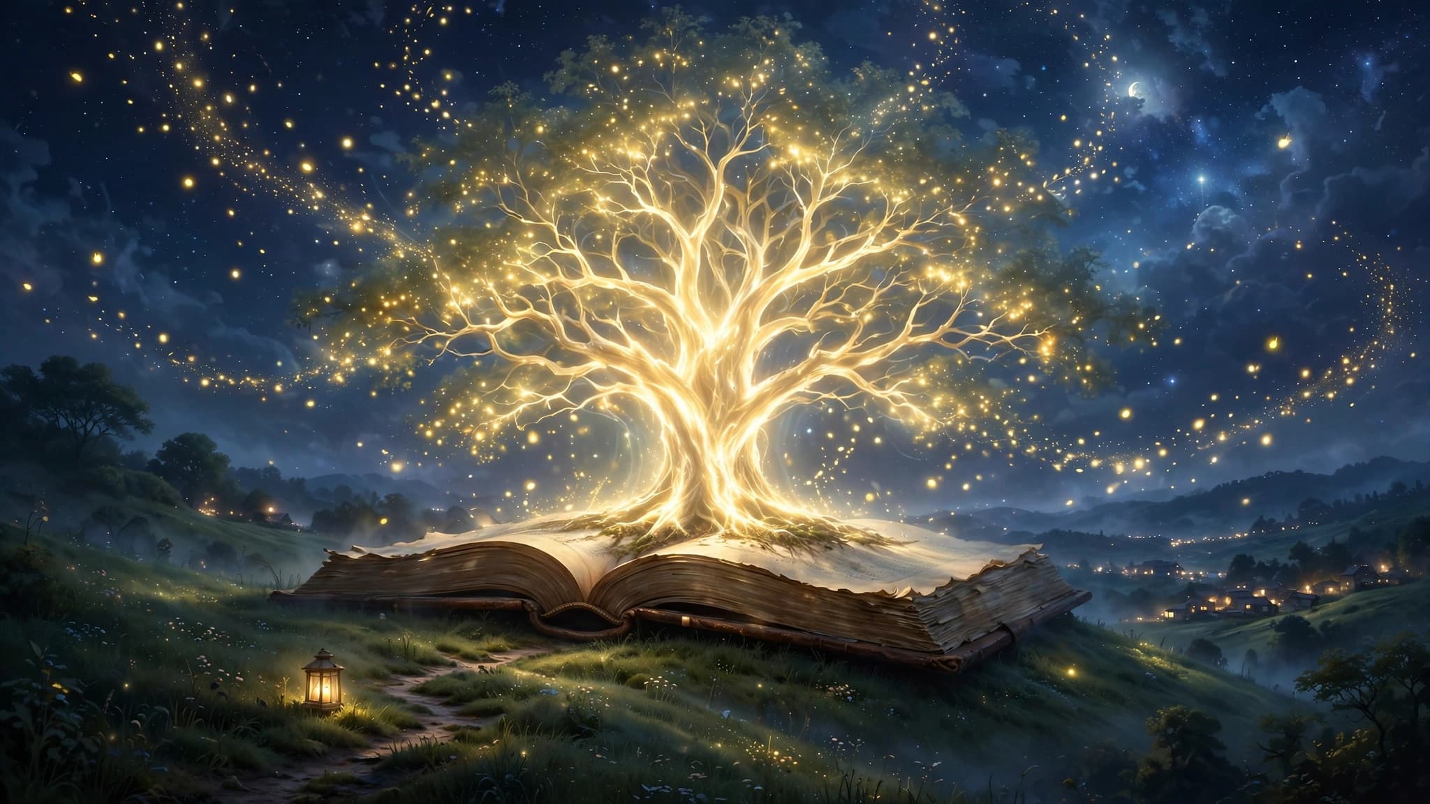 Glowing Tree of Light Growing Out of a Giant Book — Free AI Image — free ai image preview