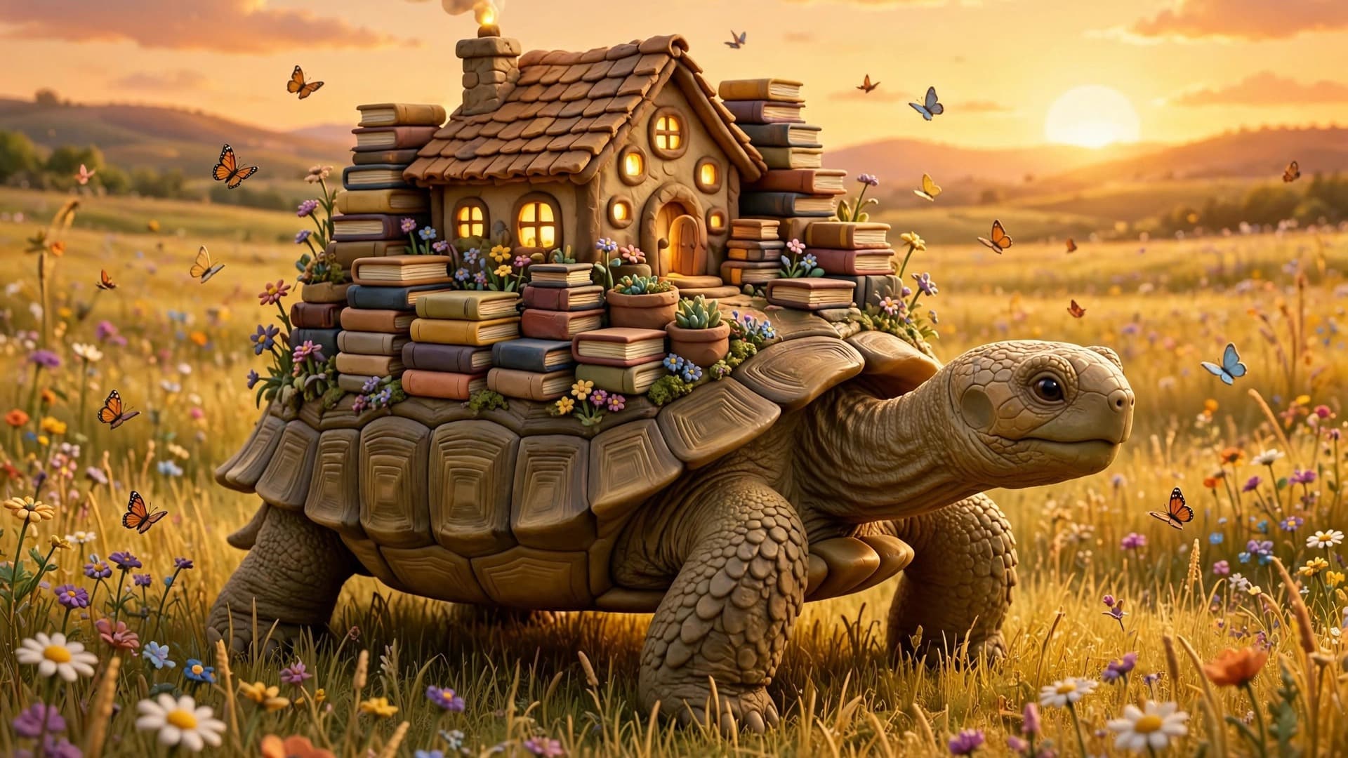 Travelling Bookshop on a Giant Tortoise at Sunset — free ai image preview
