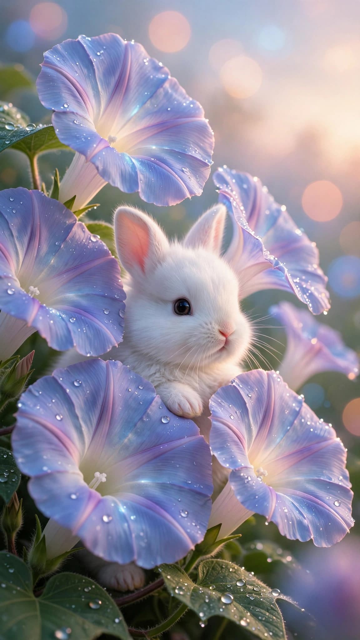 Baby Bunny Among Glowing Morning Glories — Cute Phone Wallpaper — free wallpaper preview