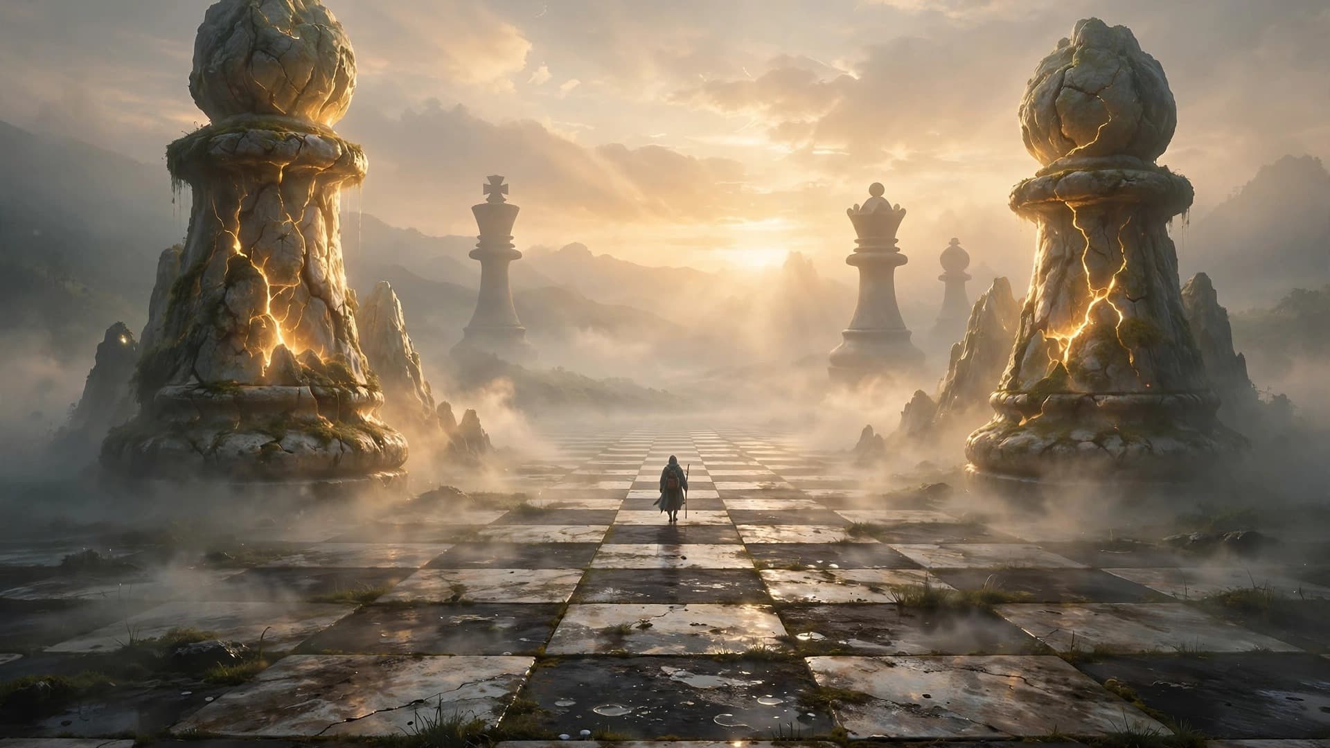 Giant Chess Pieces as Mountains on a Misty Board Plain — Free AI Image — free ai image preview