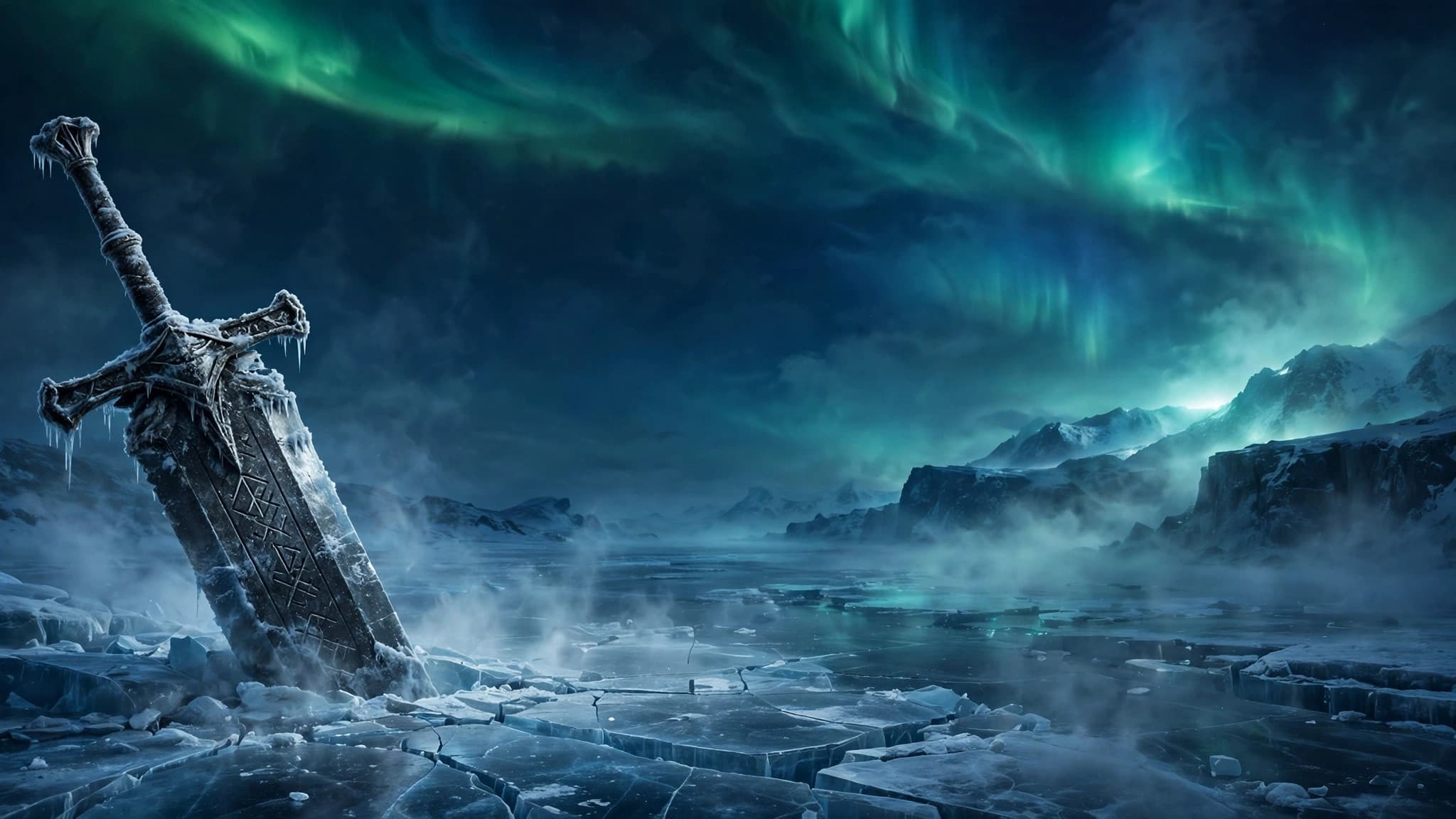 Frozen Titan's Greatsword in Arctic Ice Under Aurora — free ai image preview
