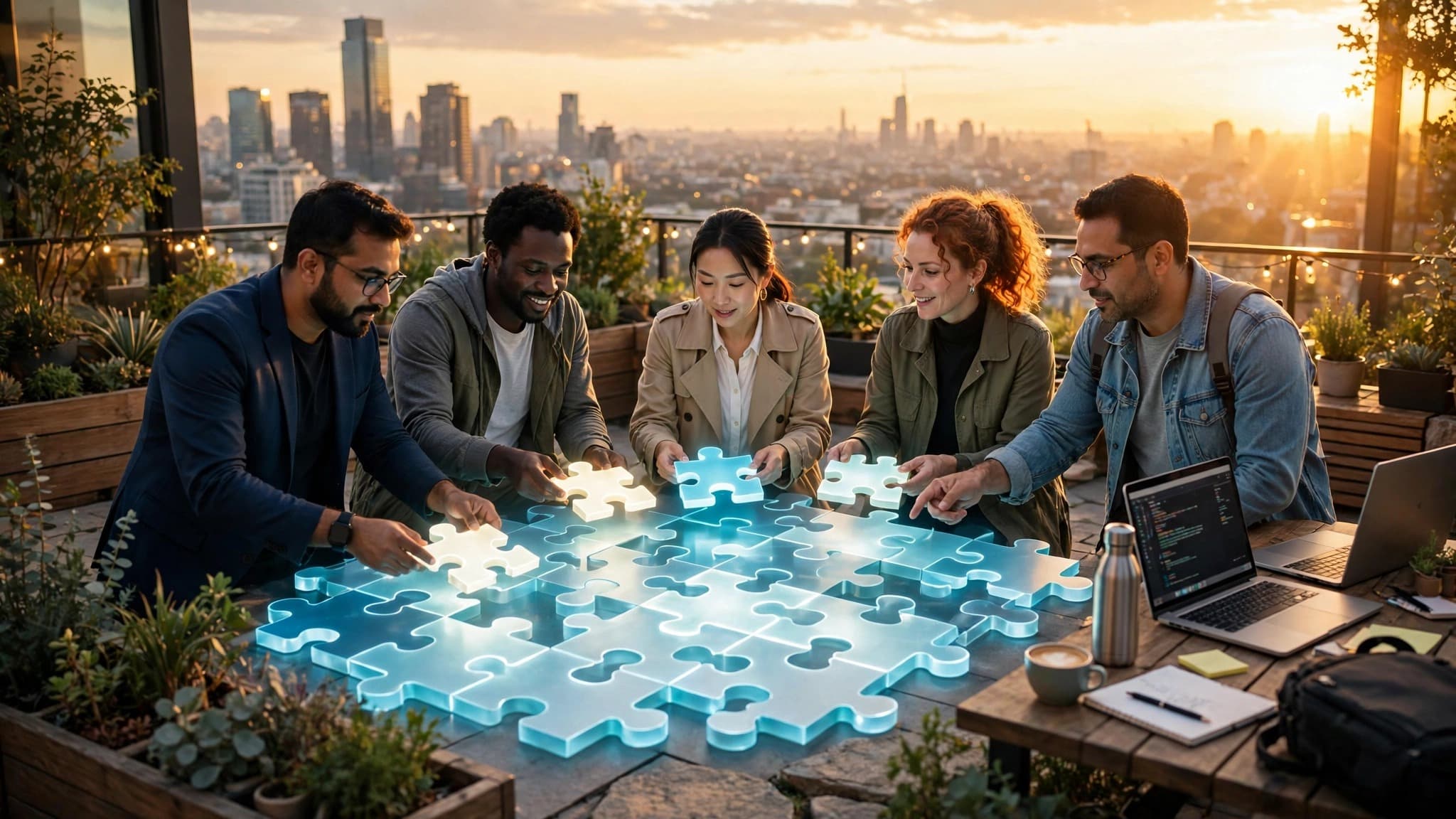 Team Assembling a Glowing Puzzle at Golden Hour — Free Business Image — free ai image preview