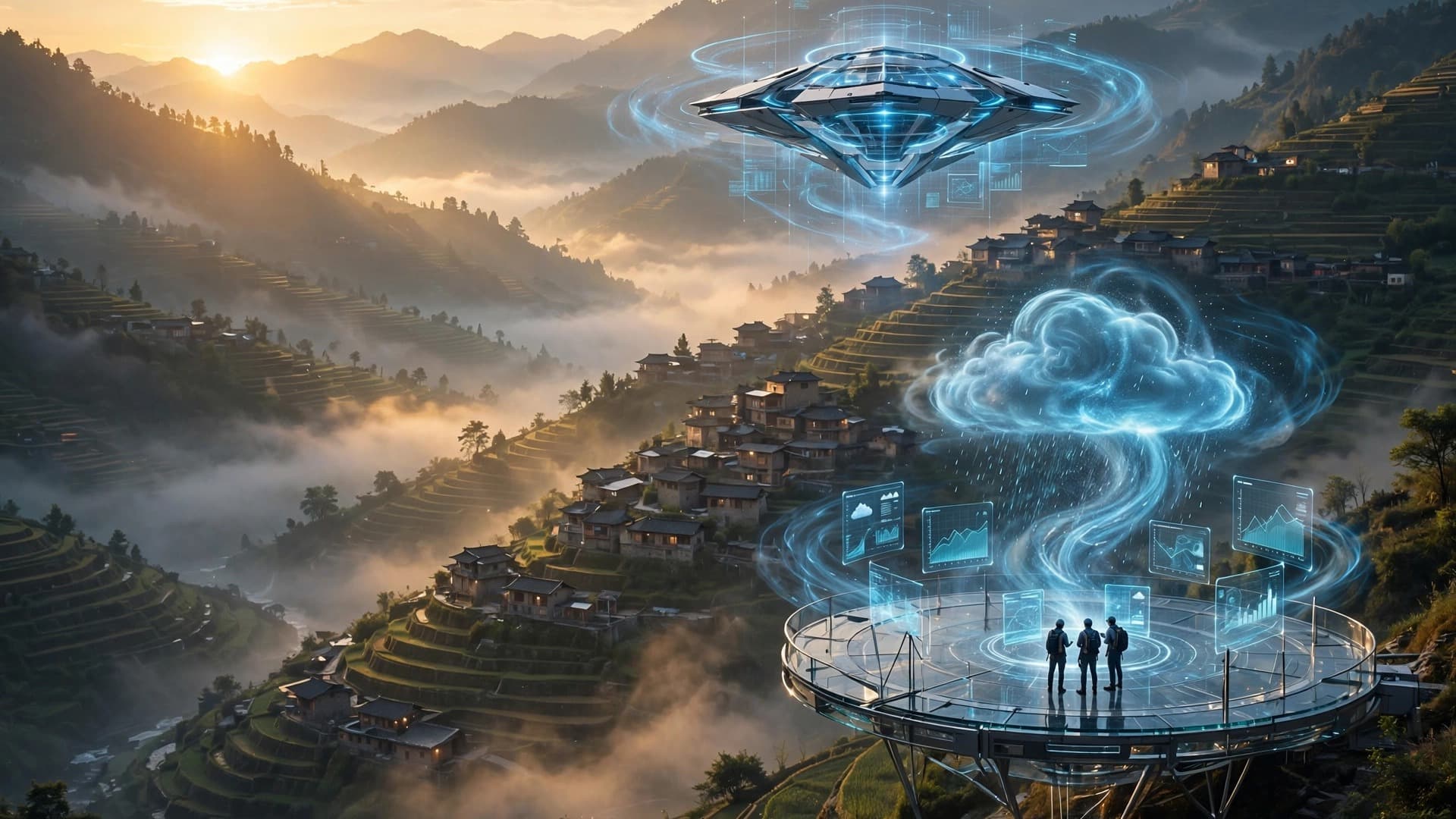 Floating Holographic Weather Station Above a Terraced Mountain Village — Free Technology Image — free ai image preview