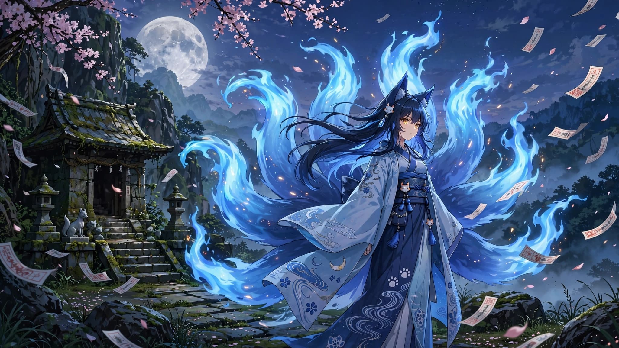 Nine-Tailed Kitsune Guardian at the Moonlit Shrine — Original Anime Art — free ai image preview
