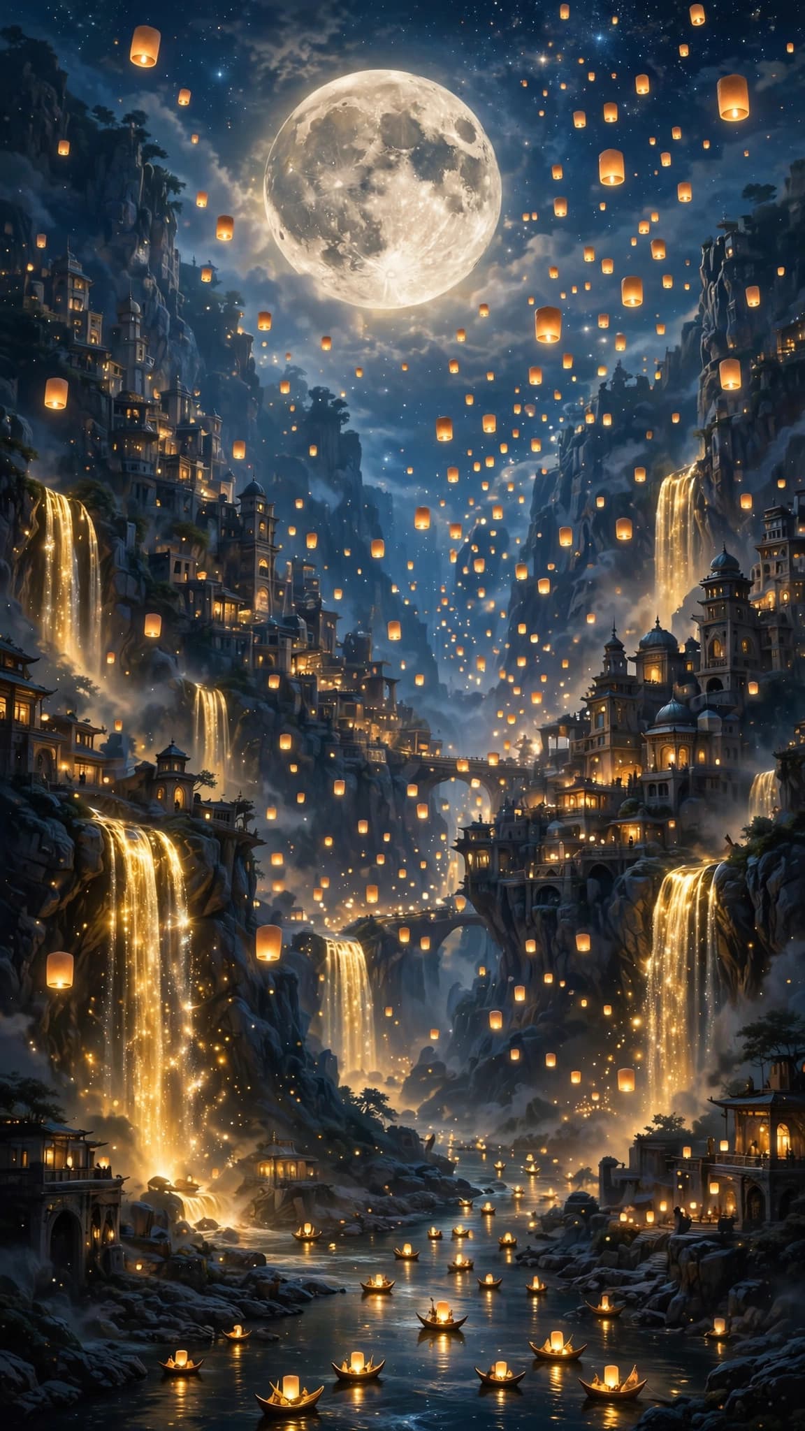 Moonlit Lantern Festival Over a Canyon City — Fantasy Phone Wallpaper — free wallpaper preview
