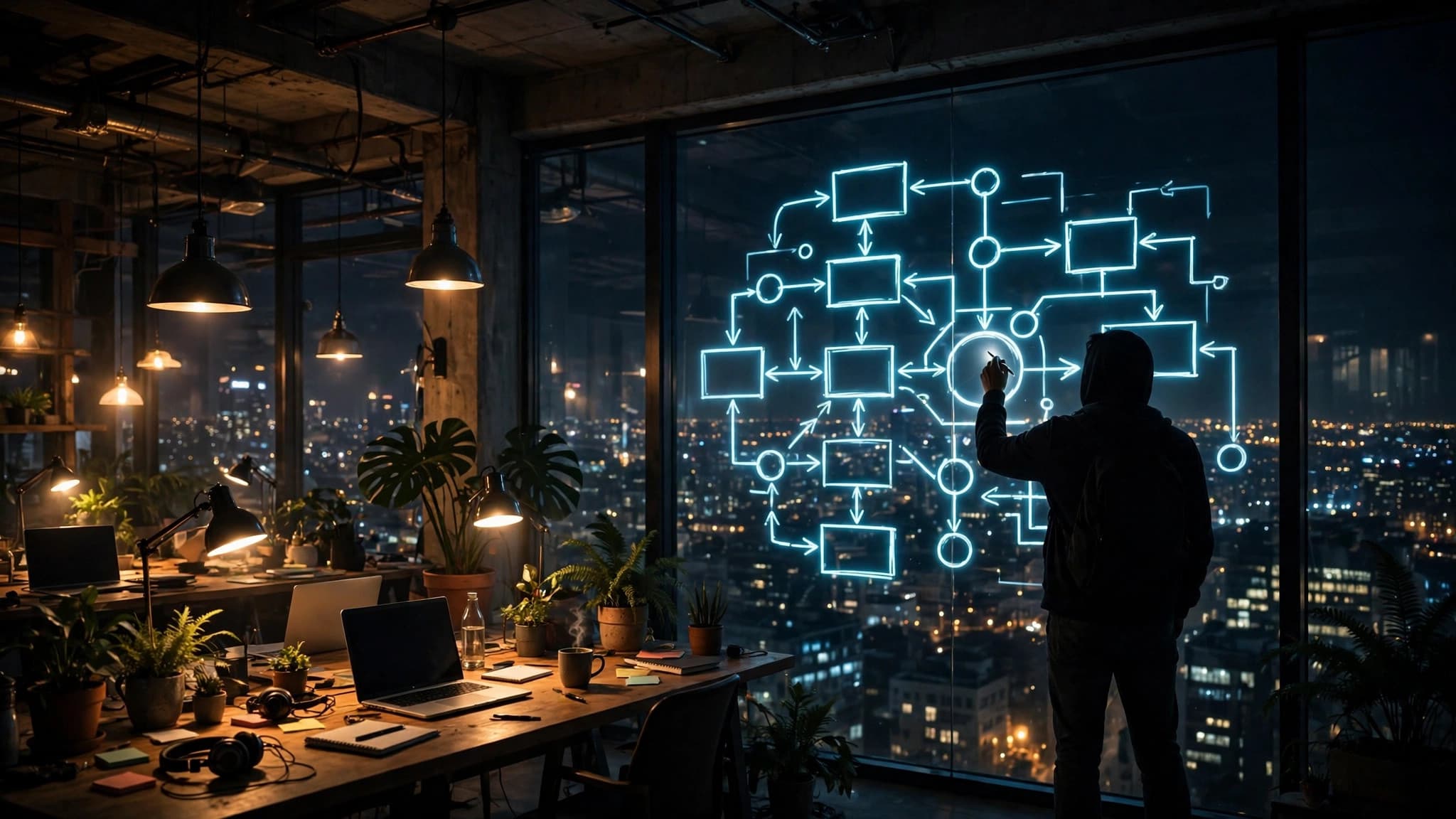 Founder Sketching a Business Plan at Midnight — free ai image preview