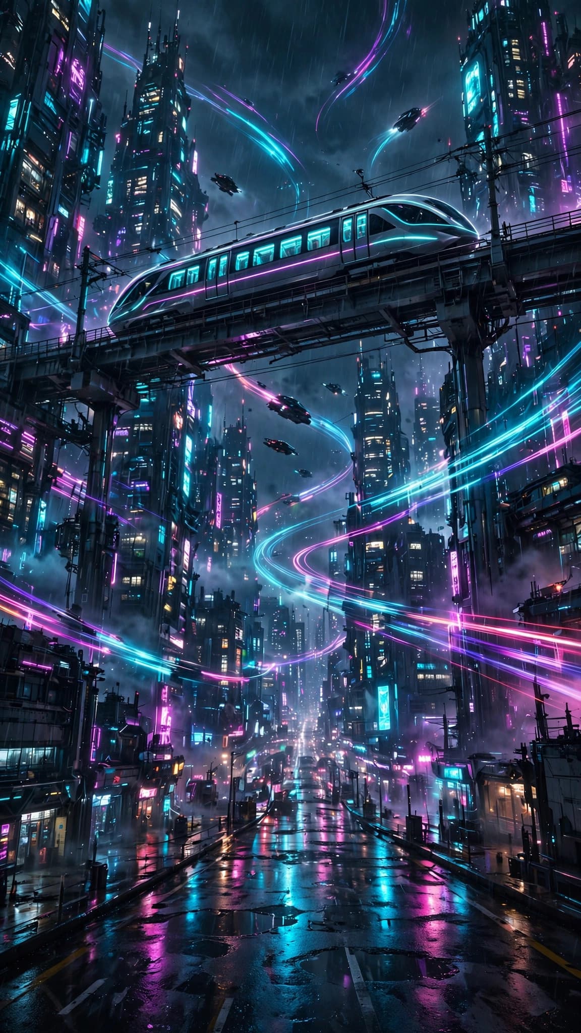 Neon Sky Train Over a Rainy Cyberpunk City — Phone Wallpaper — free wallpaper preview