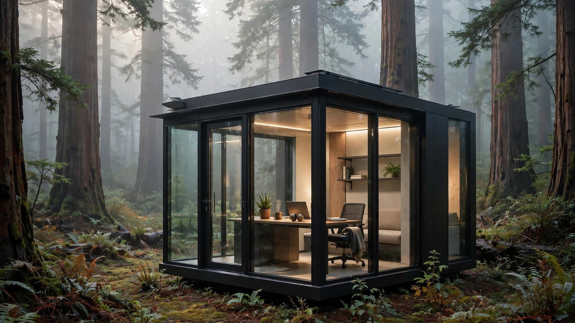 Modern Office Pod Nestled in a Redwood Forest — free ai image preview