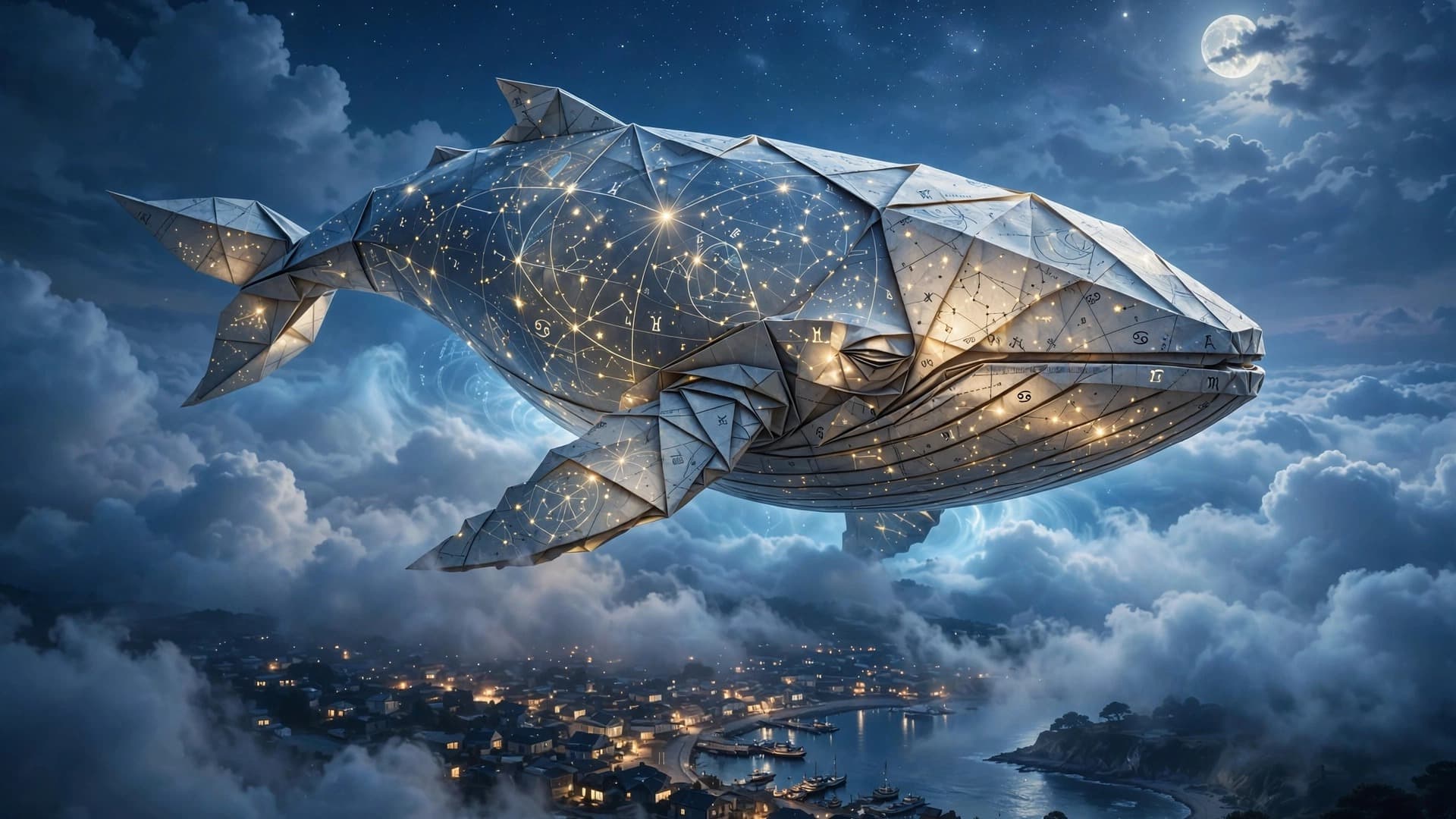 Origami Star-Chart Whale Over a Sleeping Coastal Town — Free AI Image — free ai image preview
