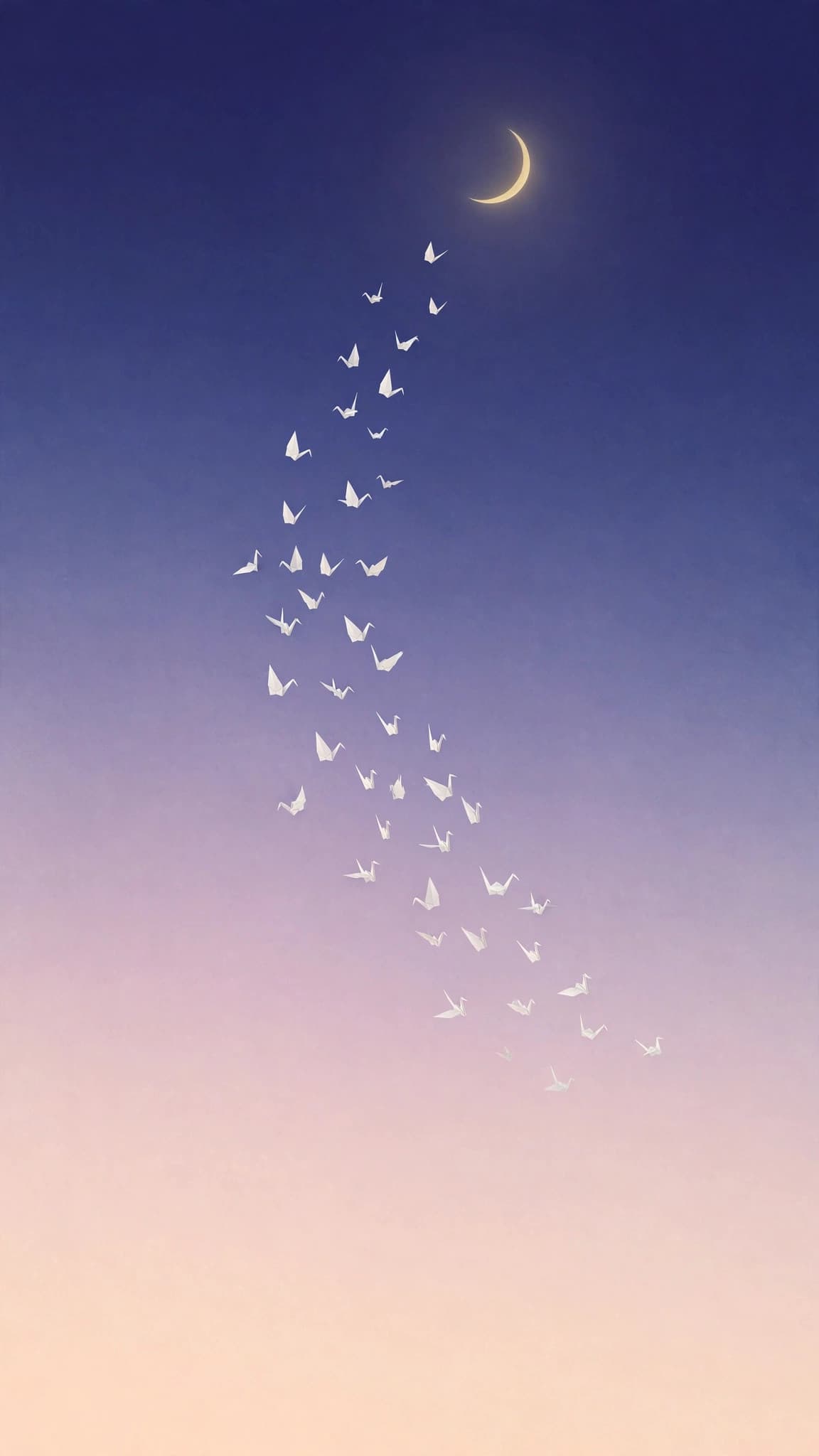 Paper Cranes Flying to the Moon — Minimal Phone Wallpaper — free wallpaper preview