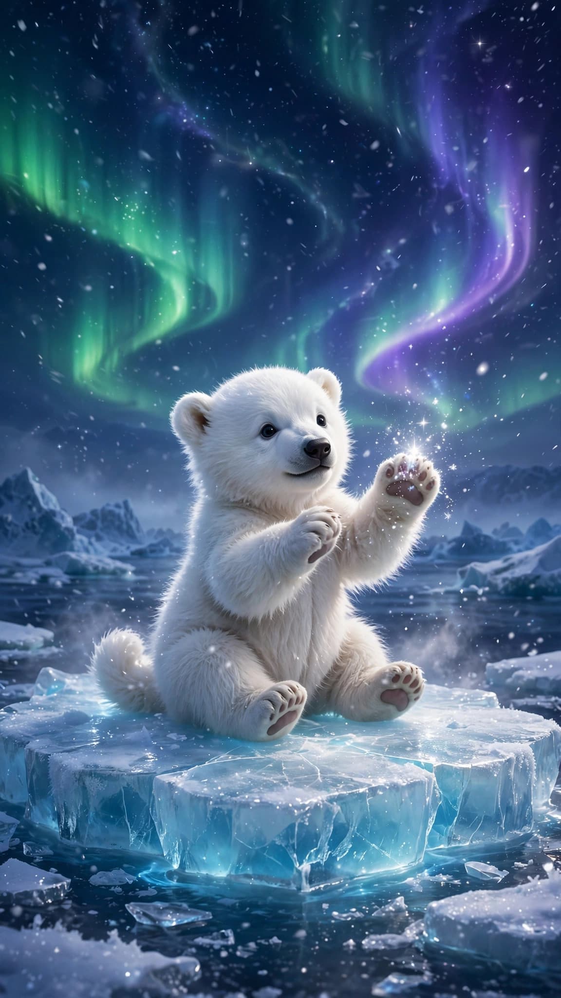 Baby Polar Bear Cub Under the Aurora — Winter Phone Wallpaper — free wallpaper preview