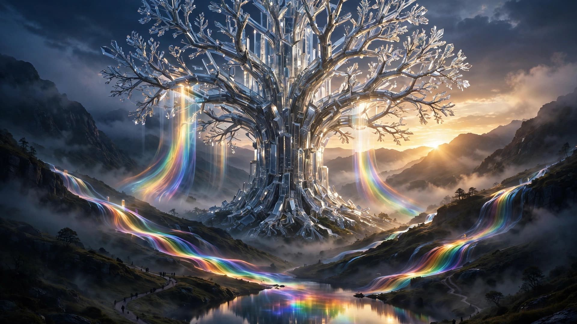 Colossal Glass Prism Tree Pouring Rainbow Rivers Into a Valley Lake — Free AI Image — free ai image preview