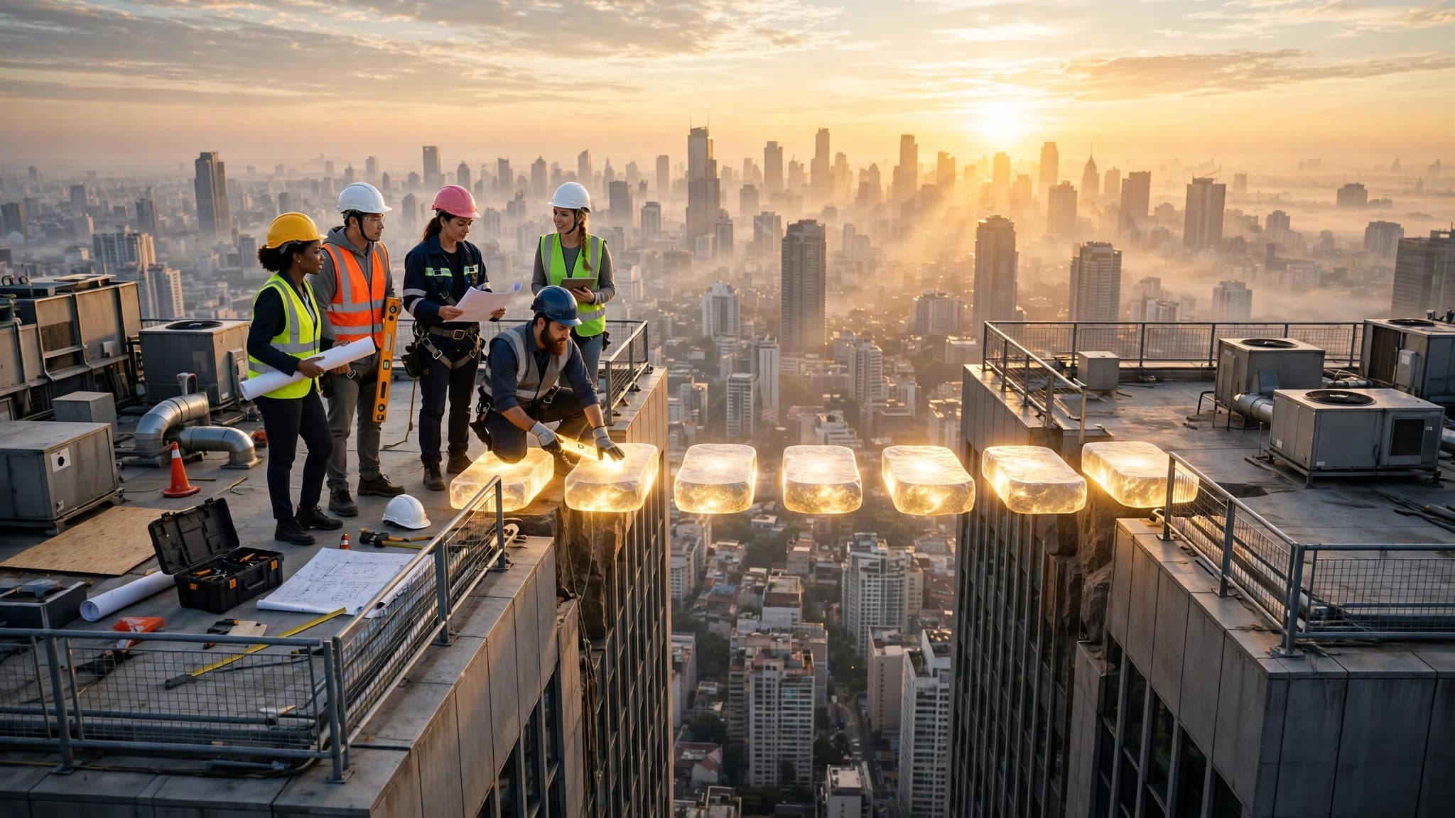 Team Building a Glowing Rooftop Bridge at Dawn — Free Business Image — free ai image preview