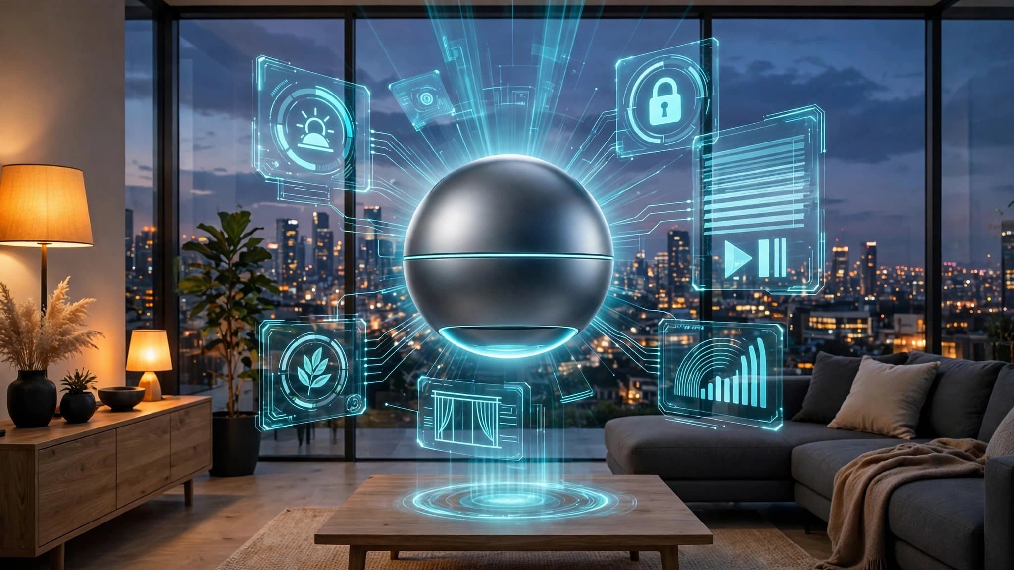 Levitating Smart Home Orb with Holographic Controls — Free Technology Image
