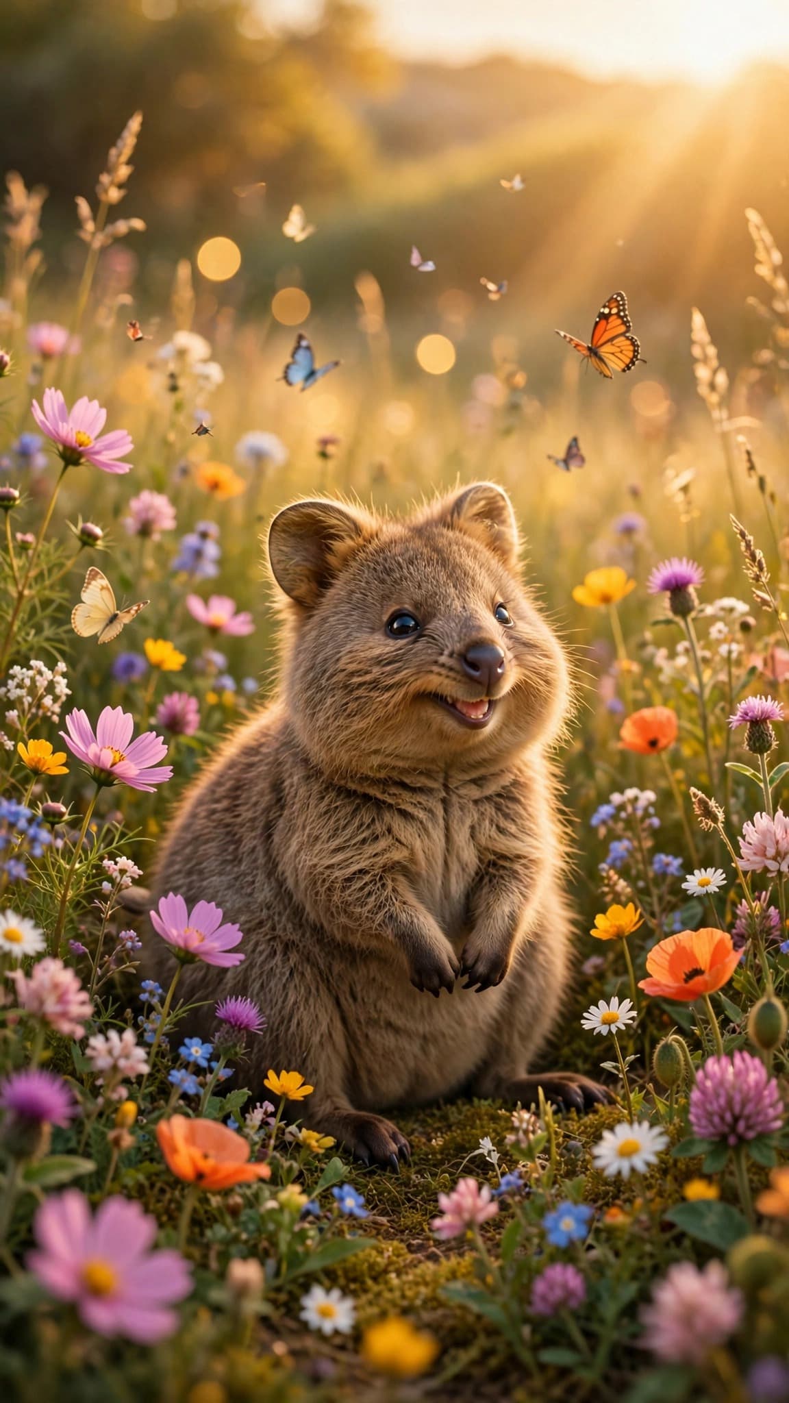 Smiling Quokka in a Wildflower Meadow — Cute Phone Wallpaper — free wallpaper preview