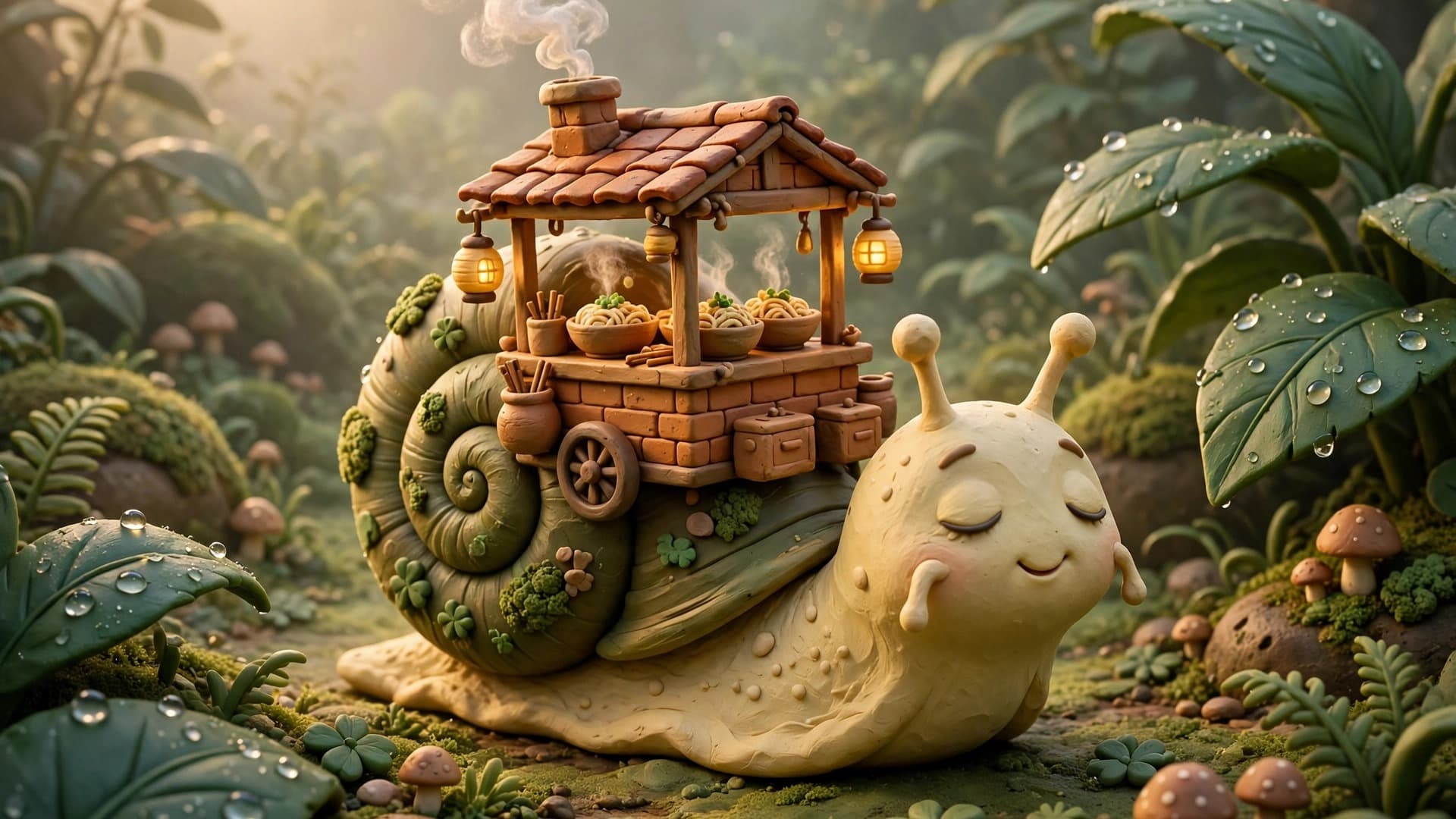 Clay Snail Carrying a Tiny Noodle Cart Through a Mossy Garden — Free 3D Image — free ai image preview