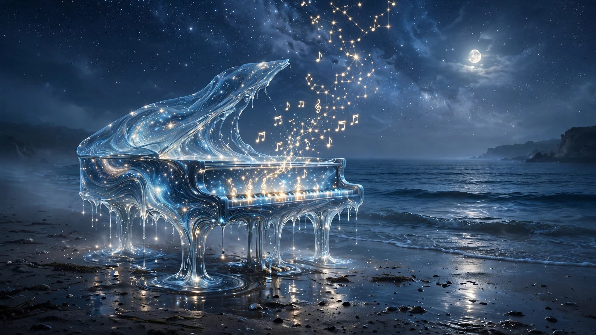 Starlight Piano on a Moonlit Beach — Surreal AI Art — free ai image preview