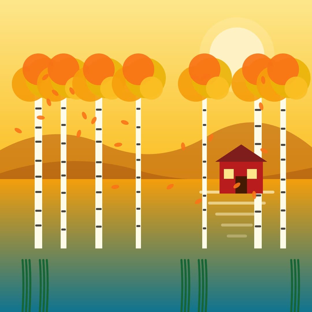 Autumn Birch Forest by a Still Lake — Minimal Landscape Vector — free vector preview