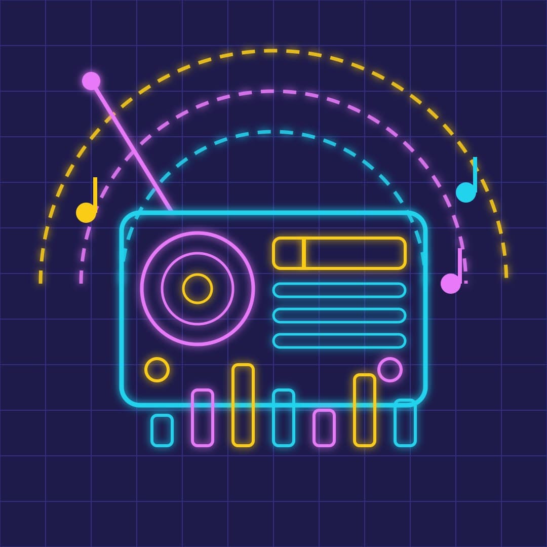 Neon Vintage Radio with Sound Waves — Retro Line-Art Vector — free vector preview