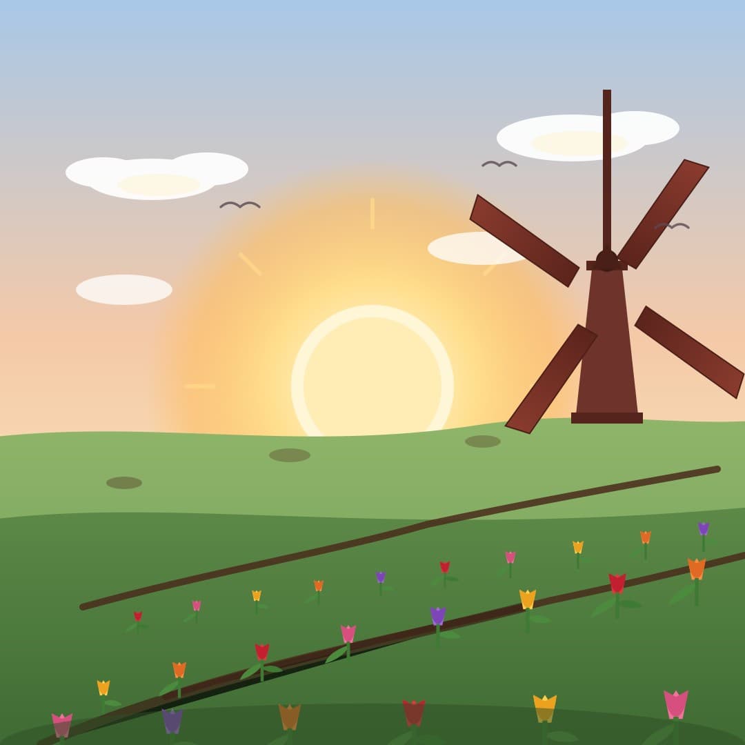 Tulip Field & Windmill — Sunrise Meadow Vector — free vector preview