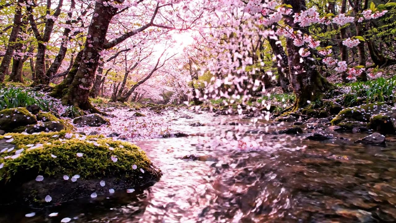 Cherry Blossom Petals Over a Forest Stream — Free AI Stock Video