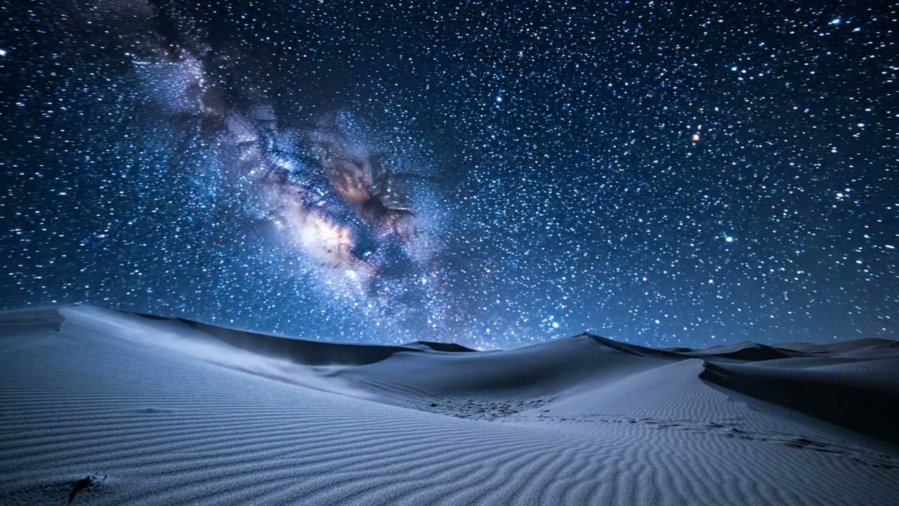 Milky Way Rotating Over Desert Dunes — Free AI Stock Video