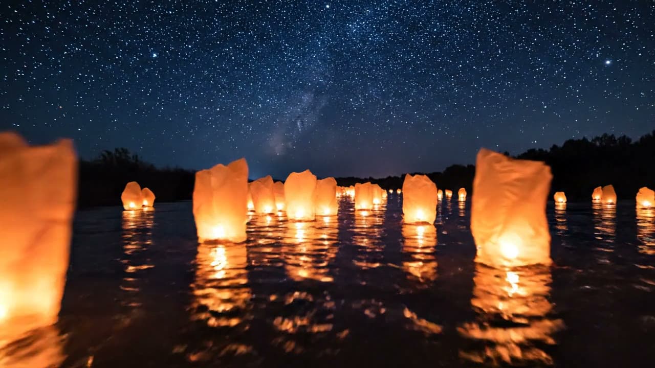 Paper Lanterns on a River at Night — Free AI Stock Video