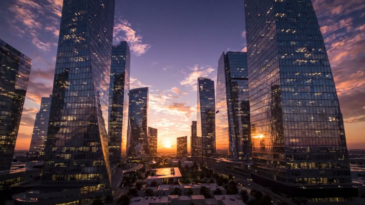 Glass Skyscrapers at Sunrise — Timelapse