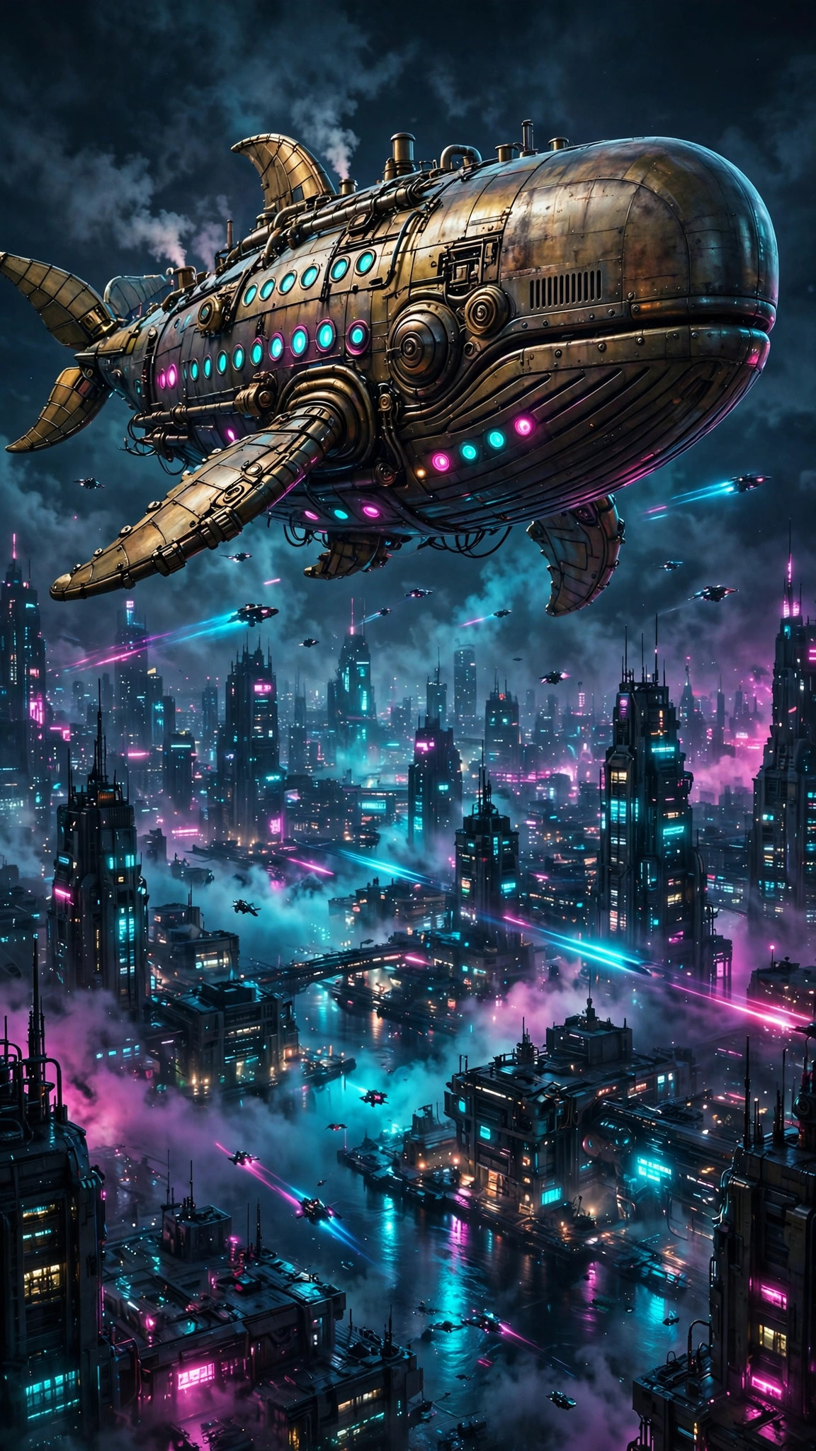 Epic Sample Screen Mechanical Whale Airship Over Neon City — Free Cyberpunk Phone ...